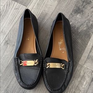 Coach Black Leather Loafers with Gold Chain Detail